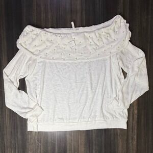 Cato XL Off Shoulder Pearl Embellished Top Long Sleeve White Blouse
